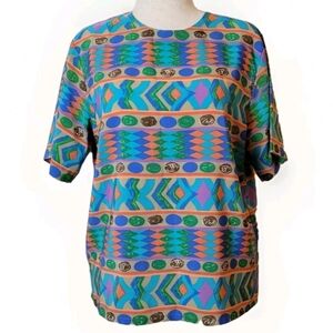 Vintage Jordan Shirt Womens L 80s Blouse Short Sleeve Retro Maximalist Colorful.